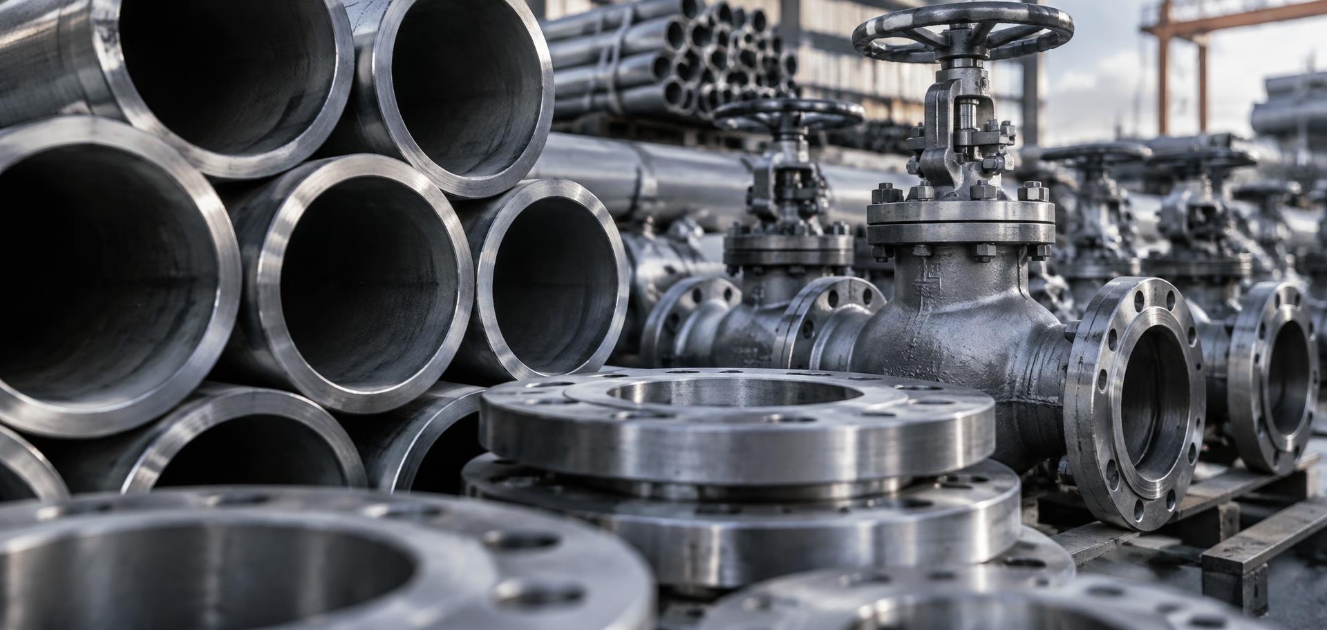 Tubos de aço, flanges e válvulas industriais empilhados num parque de materiais