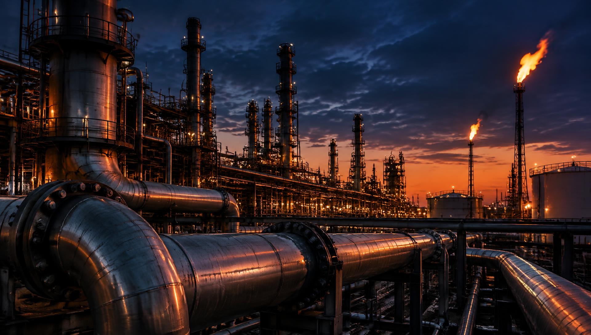 Refinaria de petróleo e gás ao anoitecer com tubagens e flanges de aço