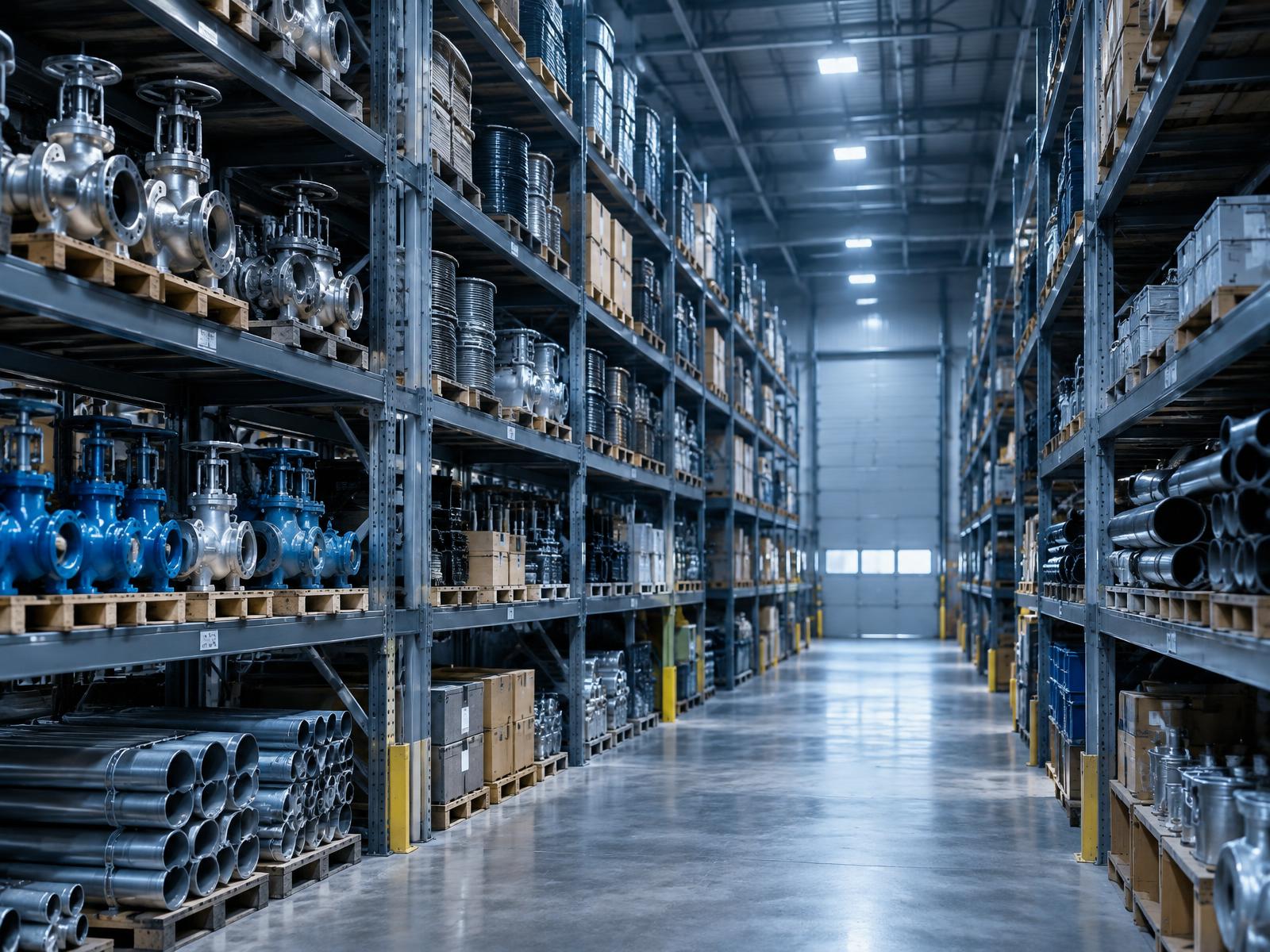 Armazém industrial com estantes de válvulas, tubos e materiais MRO